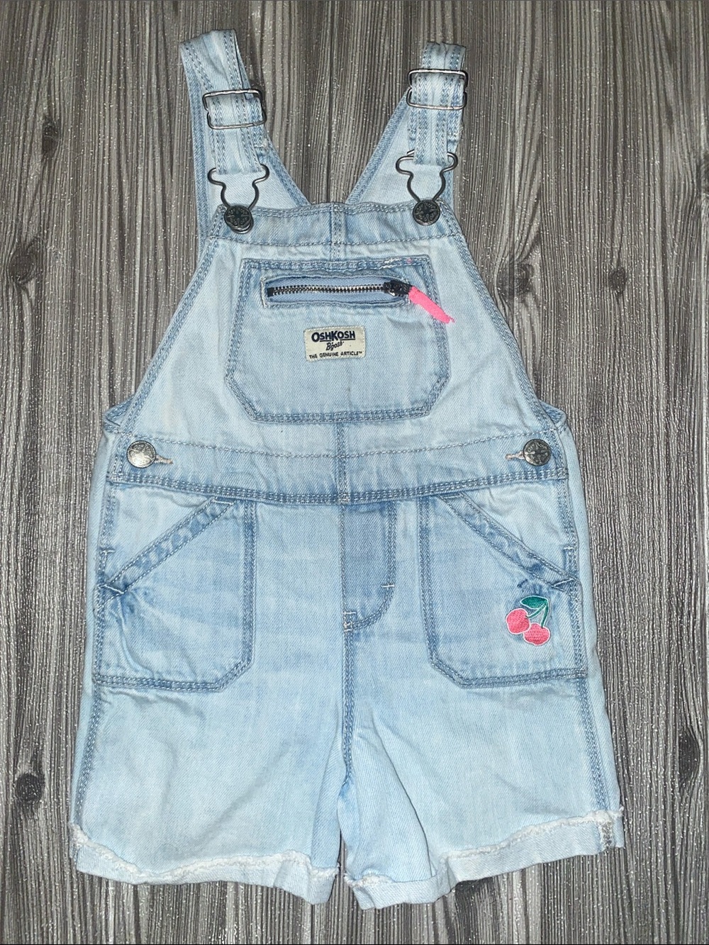 OshKosh B'gosh Light Blue Denim Short Overalls with Cherry Patch 3T